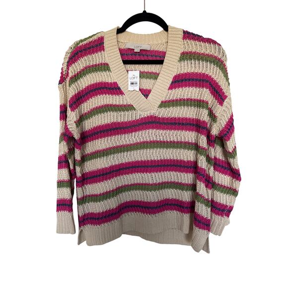 NWT Loft Textured Stripe V-Neck Sweater, S - Picture 1 of 6
